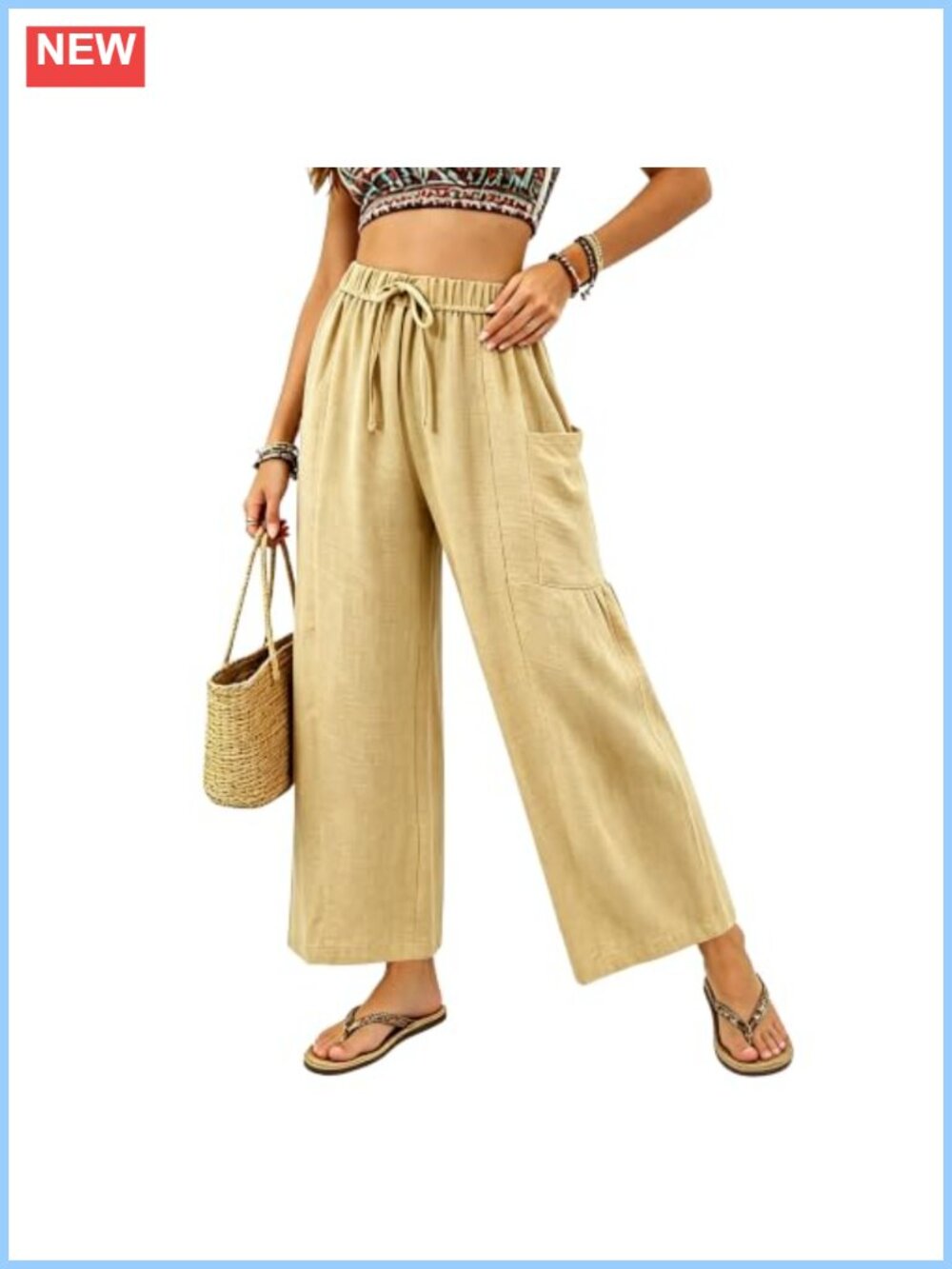 Women's Wide Leg Cropped Pants Drawstring Casual Palazzo Pants Loose Flowy